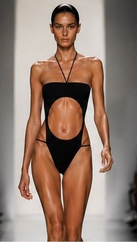 A model on the runway in the black ELLEIPSI one-piece, an oval opening at the centre.