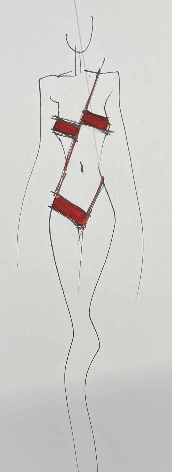 Pencil sketch of LOXA: a single red stroke crossing the body from shoulder to hip.